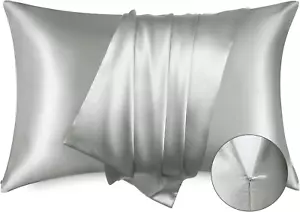 Grey Satin Pillow Cases Standard Size Zipper 2 Pk Gifts for Women Men, 20X26 In - Picture 1 of 11