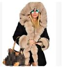 Womens Lady New Faux Fox Fur Collar Hooded Coats Fox Fur Lined Overcoats Snow NW