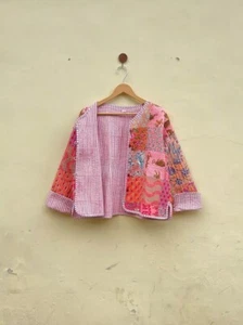 Pink Quilted Cotton Patchwork Jacket Handmade Cotton Jacket Women's Clothing US - Picture 1 of 4