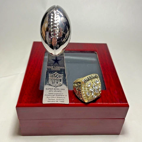 1995 Dallas Cowboys Troy Aikman #8 Ring + Vince Lombardi Trophy 4' + Display Box Cover
