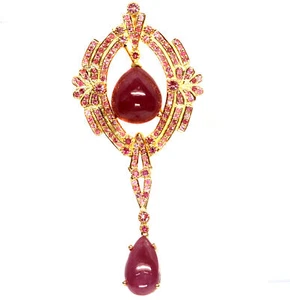 Heated 18 X 20 mm. Red Ruby With Pink Sapphire Brooch Silver 925 Sterling - Picture 1 of 5