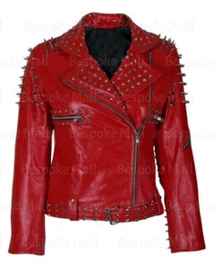 New Women's Red Silver Spiked Studded Punk Unique Cowhide Leather Jacket-990 - Picture 1 of 3