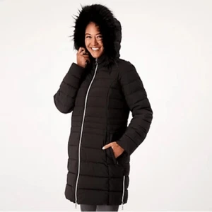 Nuage Stretch Removable Faux Fur Trim Hood Puffer Coat Size: Large Petite - Picture 1 of 7