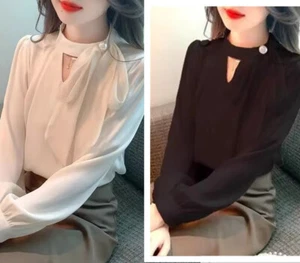 NEW Office Chiffon Blouse Spring Autumn Long Sleeve Shirt Tops Women Clothes - Picture 1 of 10