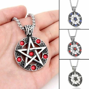 "Collar Colgante Pentagrama Estrella Azul Rojo Negro Estrás Cadena de 24" Caja - Imagen 1 de 10