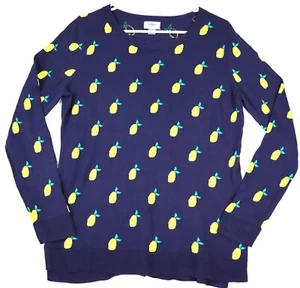 Old Navy Womens Large Long Sleeve Navy Blue Lemon Print Crew Neck Sweater Preppy - Picture 1 of 7