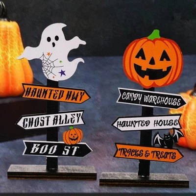 2x Halloween Table Decoration Tree Wooden Tabletop Sign Ornaments Plaque Ghost - Image 1 of 4