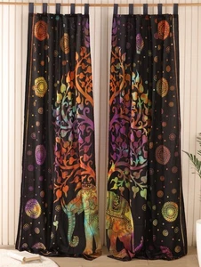 100% Cotton Curtains Tree of Life Elephant Boho Window Bedroom Decor Panels - Picture 1 of 8