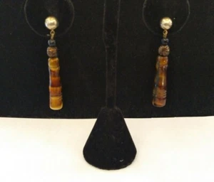 Vintage Silver Tone & Wood Pierced Dangle Earrings 2" - Picture 1 of 6