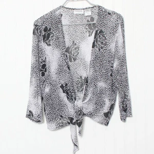 Chico's Travelers schwarze geblümte Taille zum Binden 3/4 Ärmel Nylon Strickjacke XL - Bild 1 von 7