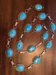 Vintage Sterling Silver And Turquoise Hand Crafted Cabachon 14 Pendant Belt - Picture 1 of 20