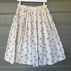 Vintage 1950s Full Skirt Birds Novelty Print Pleated Cotton High Waist Sm ILGWU - Picture 1 of 14