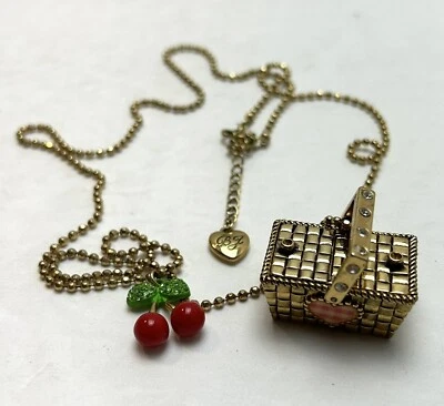 Vintage Betsey Johnson Picnic Party Basket Cherry Fruit Dress Necklace IT OPENS - Image 1 of 4