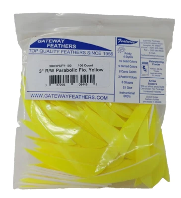 100 Pack Gateway Feathers 3" Right Wing: Parabolic Flo Yellow 300RPSFY-100 - Image 1 of 3