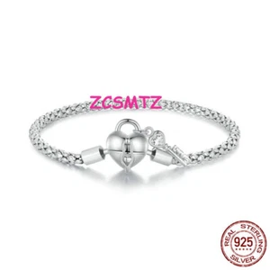 New S925 Sterling Silver Bracelet Heart Lock Key Base Chain Bracelet - Picture 1 of 15