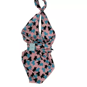 CupShe Swimsuit One Piece Pink L Halter Plunge V Neck Belted Full Cover Bottom - Picture 1 of 8