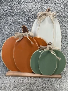 Carved Pumpkins Wood Home Decor Fall Autumn Rustic Orange Green White New - Picture 1 of 9