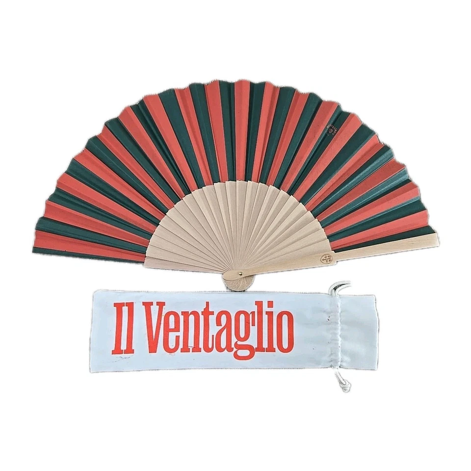 Classic Duvelleroy Paris Wooden & Linen Hand Fan Green Red French France - Image 1 of 4