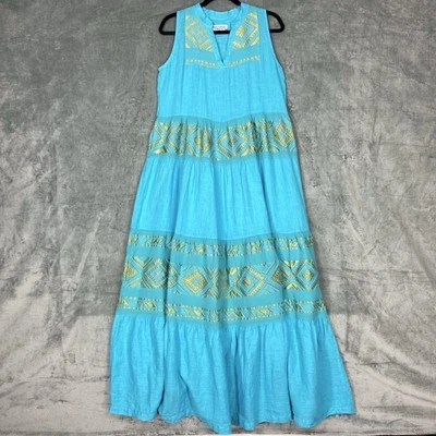 Haris 棉连衣裙女式 S 码蓝色金色亚麻分层 Maxi Coastal 波西米亚度假村 — 第 1/4 张图片