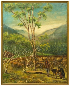 Antikes schwedisches Volkskunst Landschaftsgemälde Melken des Rentiers Bergholtz, 1931 - Bild 1 von 10