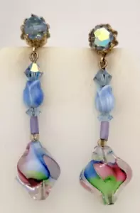 Vintage Vendome Art Glass Blue Tulips AB Crystals Dangle Drop Earrings 2.25" L - Picture 1 of 10