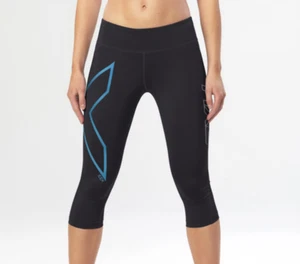 2XU Ice Mid Rise Womens Compression 3/4 Tights - Black/Ice Blue | BRAND NEW - Picture 1 of 3