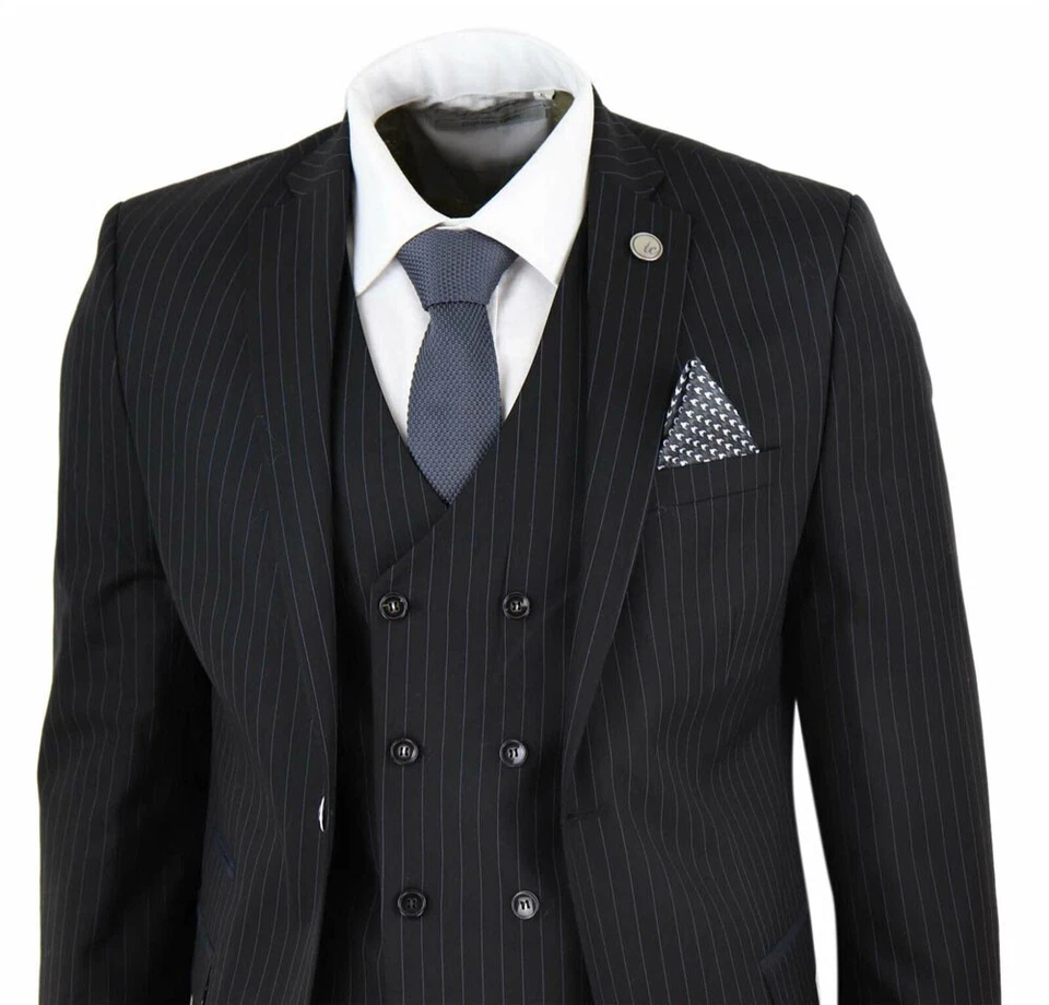 Mens 3 Piece Suits Gatsby 1920s Peaky Blinders Gangster Pinstripe Tailored Fit+ - Image 1 of 4