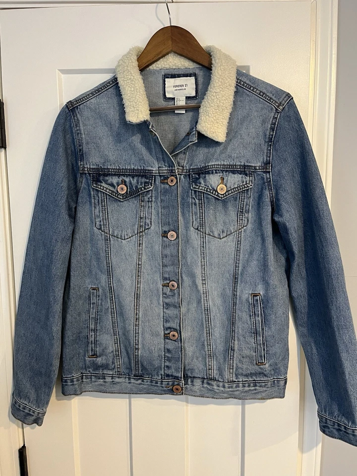 Trucker Jacket Blue Denim Women’s Large Forever 21 Sherpa Collar Farm Western - Image 1 of 4