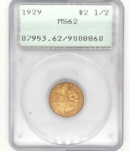 1929 Green "Rattler" $2.50 US Indian Head Quarter Eagle Gold Coin  PCGS MS62 