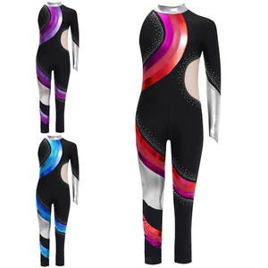 Kids Girls Rompers Full Length Bodysuit Practice Unitard Shiny Leotard Ballet - Picture 1 of 27