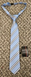Nwt Hisdern Light Blue Navy Stripe Boys Silk Tie Pre Tied Adjustable - Picture 1 of 6