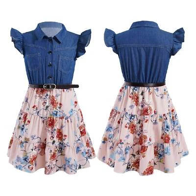 Niños Niñas Mangas Acampanadas Denim Floral Columpio Falda Vestido Verano Informal Solero Foto 1 de 2