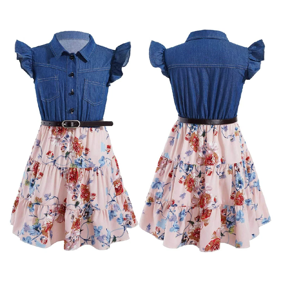 Niños Niñas Vestido Línea A Verano Denim Estampado Floral Vestido Hasta la Rodilla Ropa Foto 1 de 1