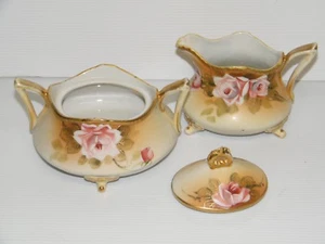 ANTIQUE Hand Painted NIPPON MORIAGE CREAM & SUGAR BOWL ROSES & GOLD - Picture 1 of 11