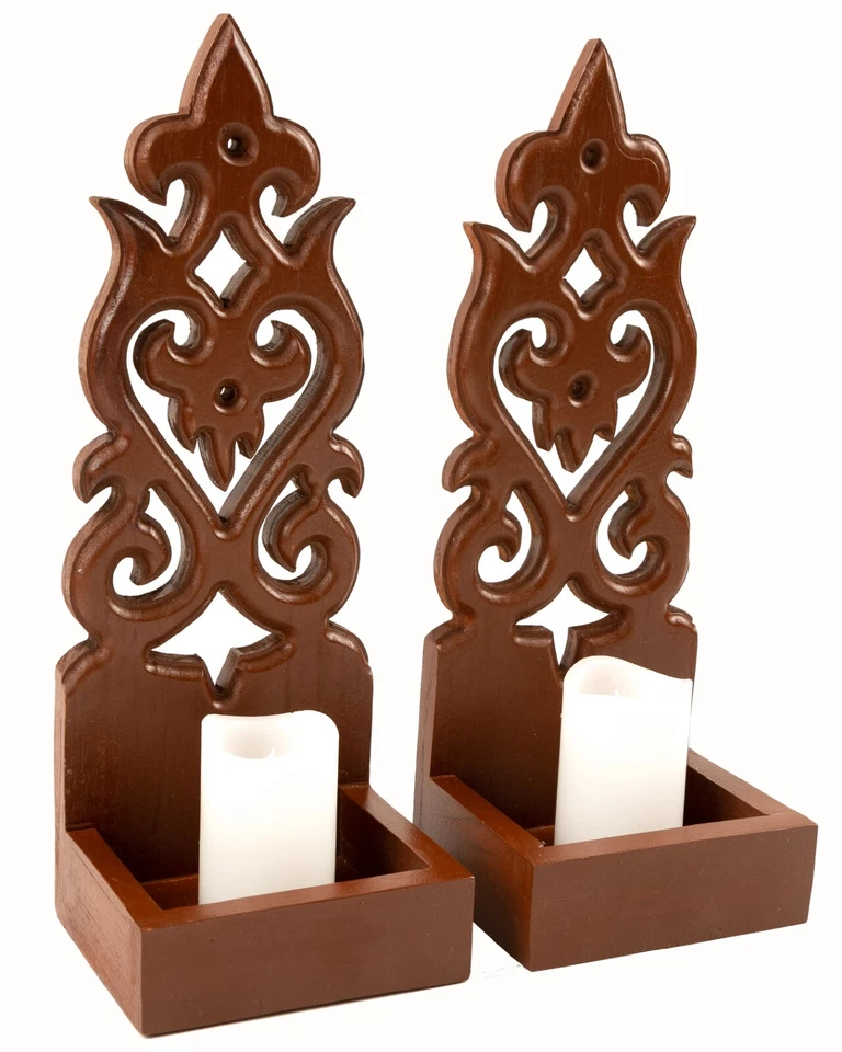 Wall Sconce Candle Plant Holder Waterdrop Carved Teak Wood Wall Mounted Set of2 - Image 1 of 4