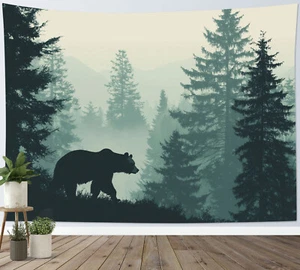 Jungle Foggy Forest Wild Animal Black Bear Tapestry for Bedroom Living Room Dorm - Picture 1 of 15