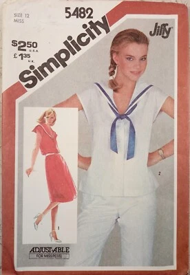 SIMPLICITY 5482 Vtg 80s Fashion Dress Top Pullover Sailor UNCUT Sz 12 Pattern - Image 1 of 4