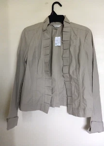CHRISTOPHER & BANKS Khaki Cropped Jacket L Open Front Ruffled Collar Cuffs NEW - Picture 1 of 3