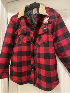 Dickies Mens OverShirt Jacket Large 42-44 Red Sherpa Collar Buffalo Plaid - Picture 1 of 7