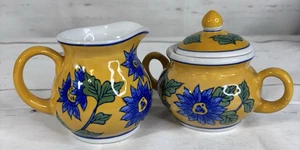 April Cornell Ceramic Sugar Creamer Gold Blue Green Floral Coffee Tea Service - Picture 1 of 10