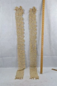 antique lace trim handmade heavy mixed bobbin crochet 2 pcs each 4x42 in. 19th - Picture 1 of 8