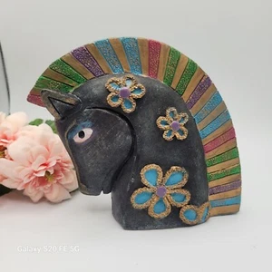 Vintage Laurel Burch Style Wood Horse Head Sculpture Figurine Decor 6 In - Picture 1 of 12