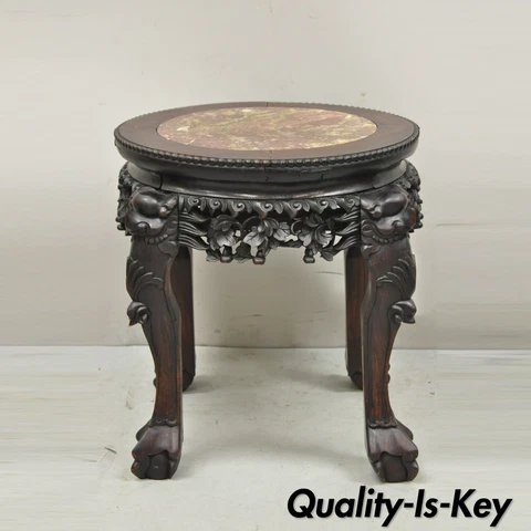 Antique Chinese Carved Hardwood Foo Dog Marble Top 18" Plant Stand Side Table Cover