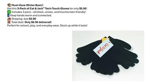 Cat & Jack Tech-Touch Gloves 3Pk OSFM Color Black - Picture 1 of 8