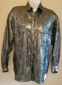 Helene Sidel Med Silver Platinum Metallic Vintage 80's ? Blouse Floral Embossed - Picture 1 of 11