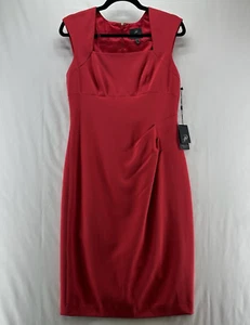 Adrianna Papell Dress Sz 6 Crepe Sheath Drape Pleated Square Neck Cap Sleeve Red - Picture 1 of 11