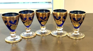 Hand-Blown Blue I Tre Fuochi Murano Glass & 24K Gold Cordial / Liqueur Set 5 NEW - Picture 1 of 11