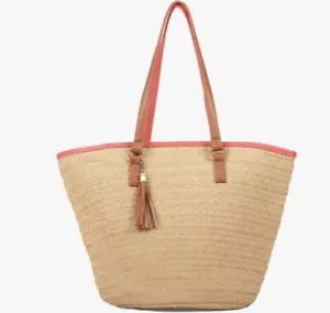 Boho Beach Life Woven Straw Tote Bag Purse Brown Leather Straps Coral Zip Top - Picture 1 of 4