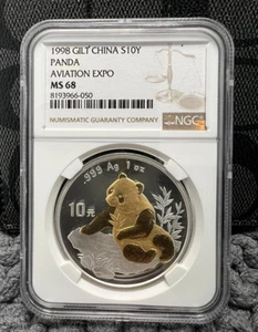 NGC MS 68 PANDA 1998 GILT CHINA S10Y AVIATION EXPO 1oz Commemorative Coin - Picture 1 of 4