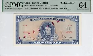 Chile "SPECIMEN" 1/2 Escudo ND 1962-75 Pick #13as CU64 PMG - Picture 1 of 2